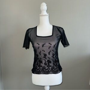 Vintage 90s Versace Jeans Couture Woman’s Black Sheer Mesh Top Floral Gradient S